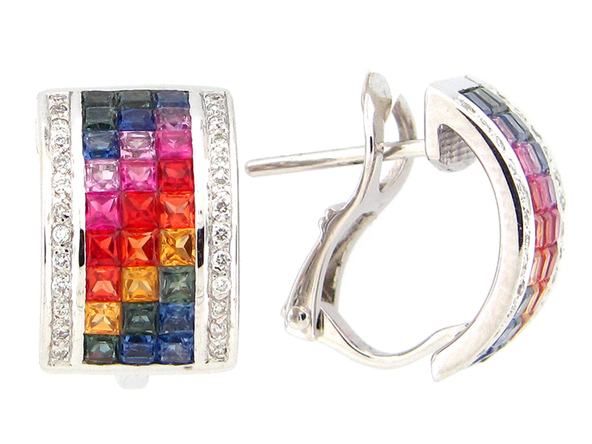 RAINBOW SAPPHIRE & DIA 3 ROW INVISIBLE SET EARRING