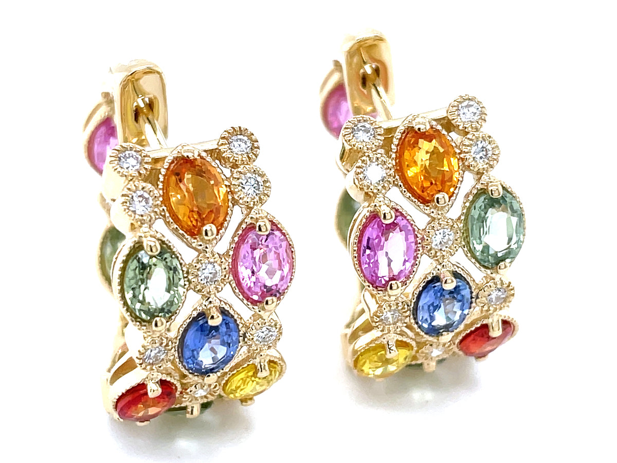 RAINBOW SAPPHIRE & DIAMOND 3 ROW EARRING, 14KY (H/U)