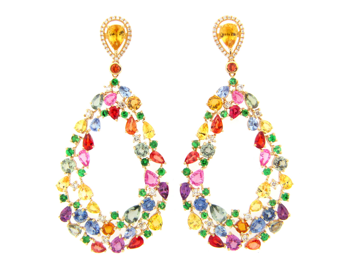 FANCY SAPPHIRE, TSAVORITE, & DIAMOND PEAR EARRING, 18KY (H/U/N)