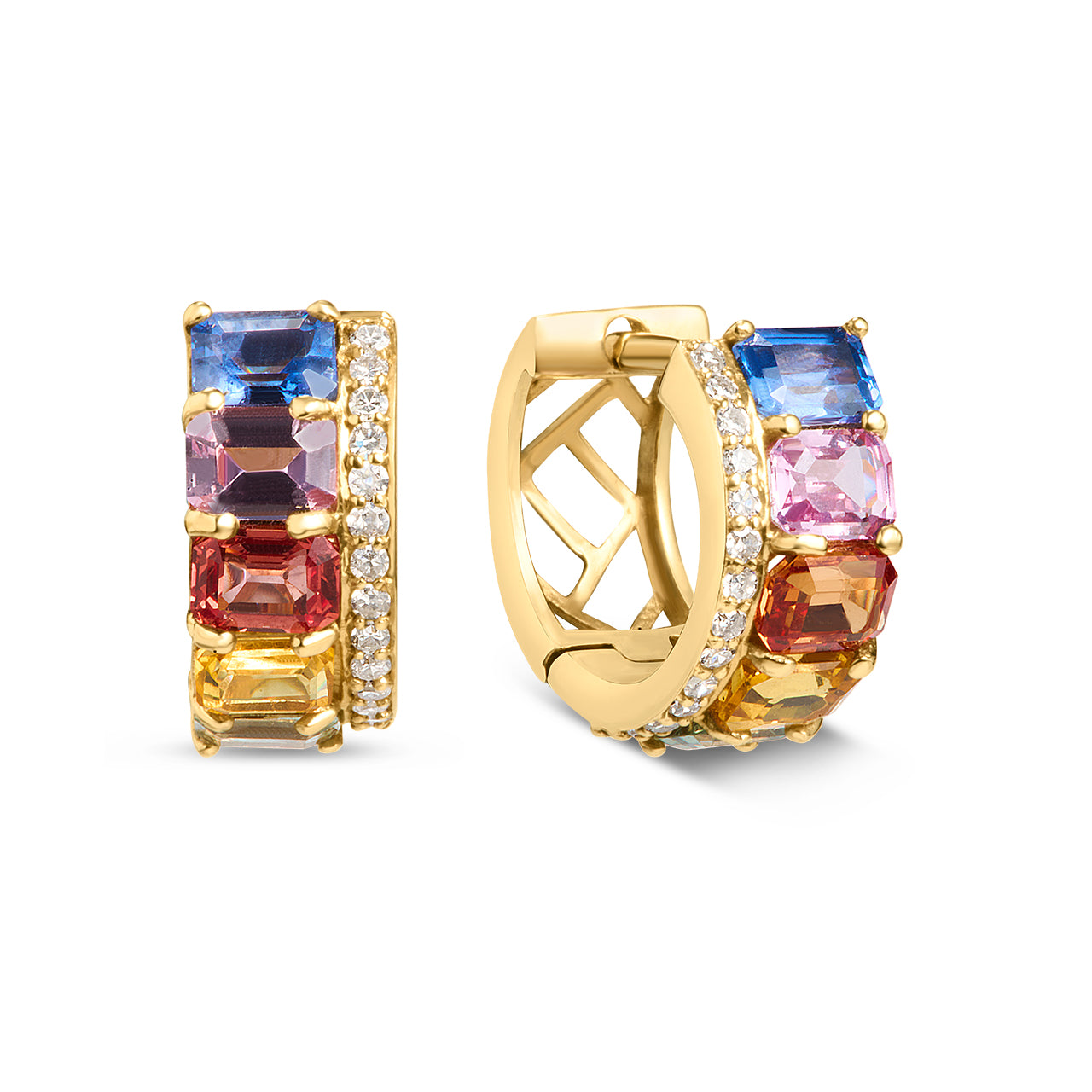 Emerald Cut Rainbow Sapphire & Diamond Stack Huggie Earring