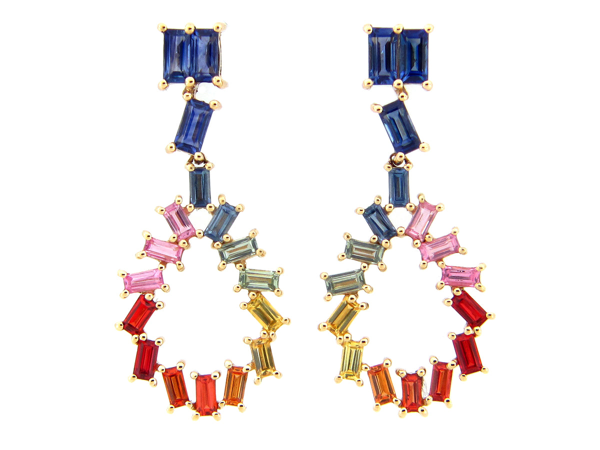 RAINBOW SAPPHIRE BAGUETTE TEAR DROP EARRING, 14KY (H/U)