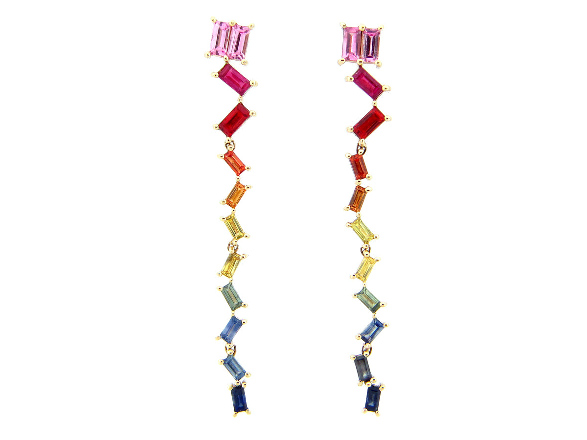 RAINBOW SAPPHIRE BAGUETTE DROP EARRING, 14KY (H/U)