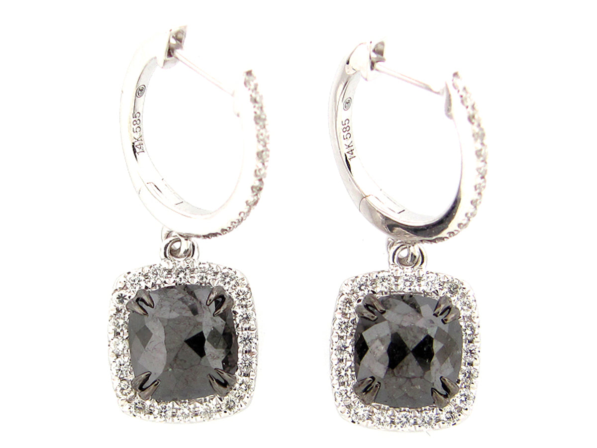 ROSE CUT BLACK & WHITE DIAMOND EARRING, 14KW (R/N), CENTER=2.33