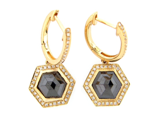 HEXAGON ROSE CUT BLACK & WHITE DIAMOND EARRING, 18KY (R)