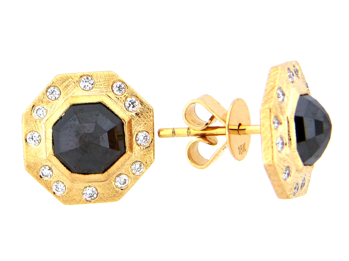 OCTAGON ROSE CUT BLACK & WHITE DIAMOND EARRING, 18KY (R)