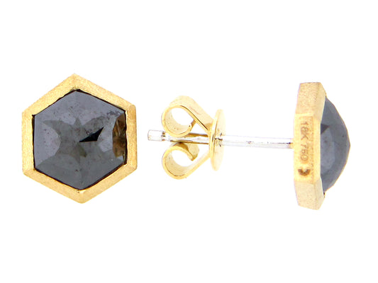 HEXAGON ROSE CUT BLACK DIAMOND EARRING, SATIN FINISH, 18KY (R)