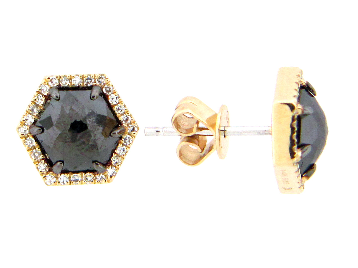 ROSE CUT BLACK & WHITE DIAMOND HEXAGON EARRING, 14KY (R)