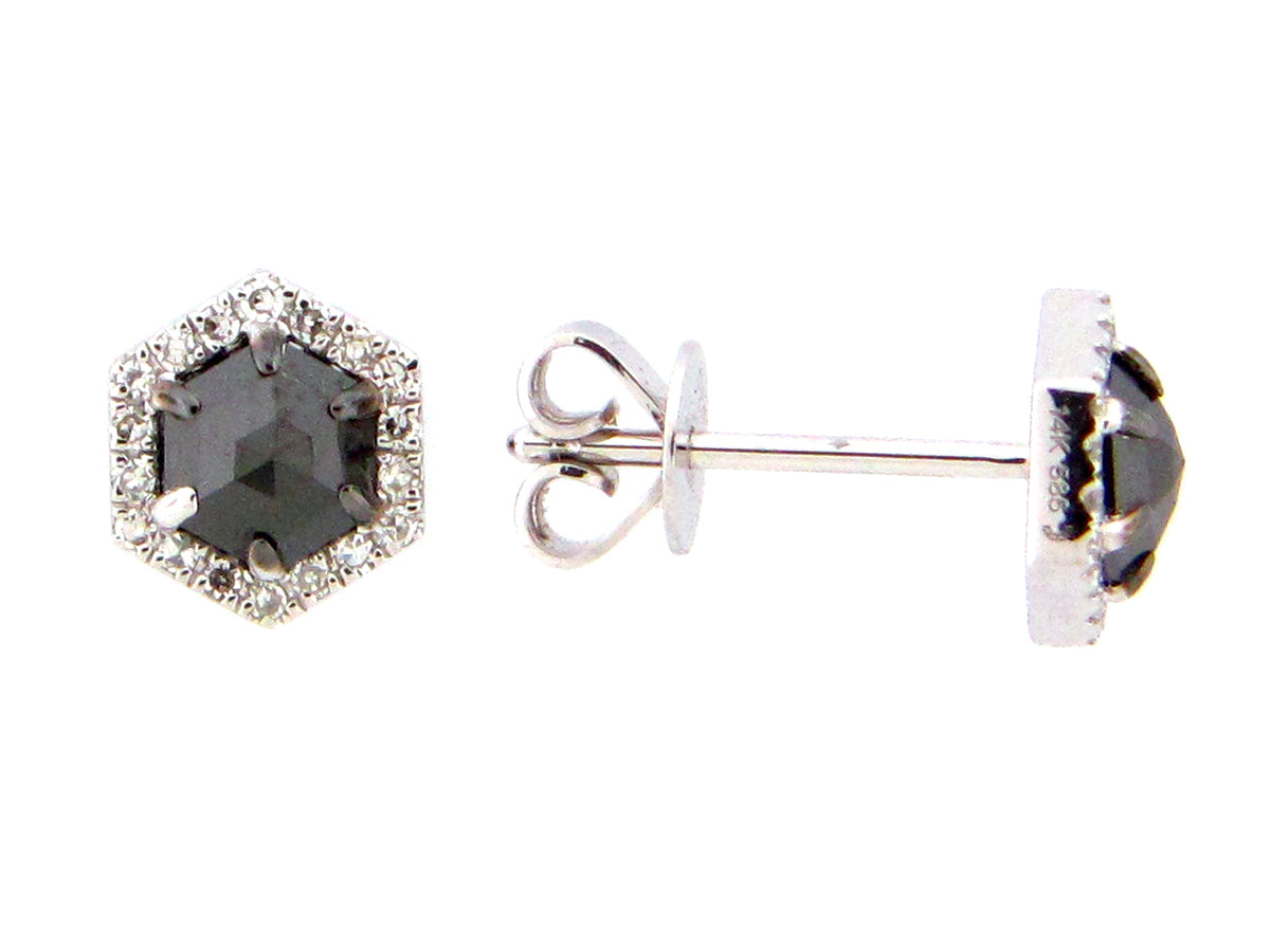 ROSE CUT BLACK & WHITE DIAMOND HEXAGON STUD EARRING