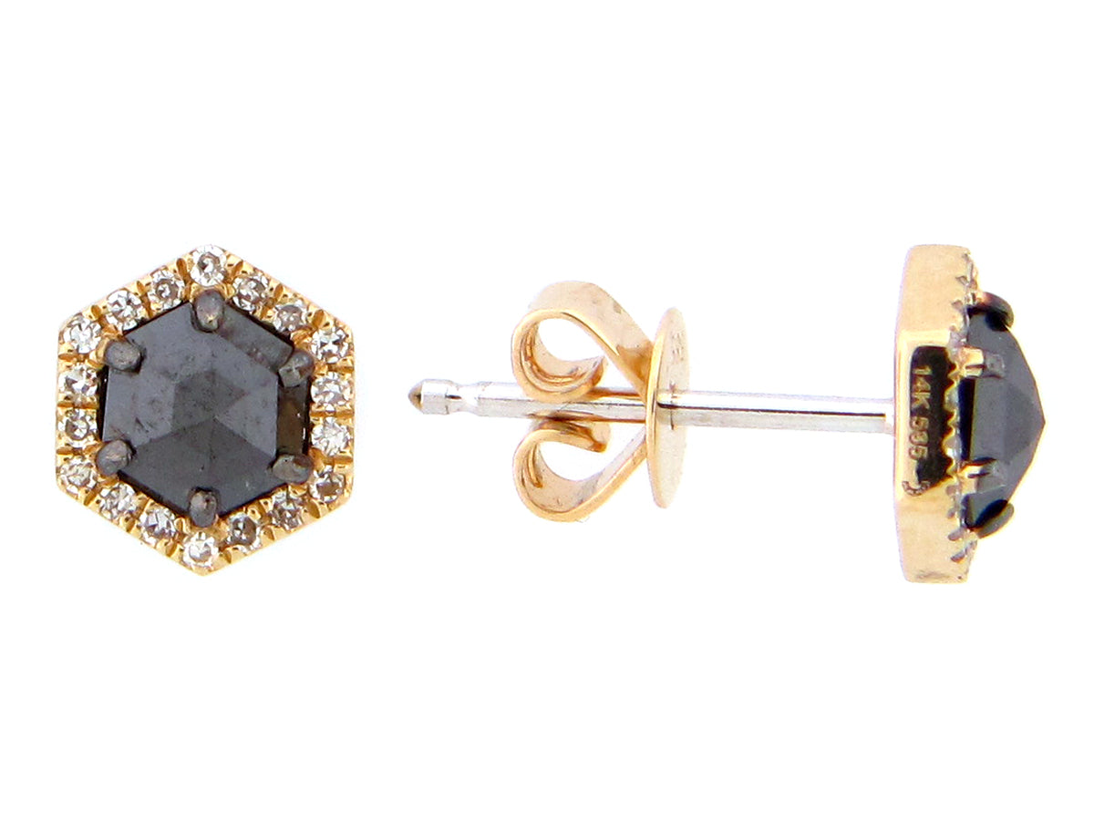 ROSE CUT BLACK & WHITE DIAMOND HEXAGON STUD EARRING