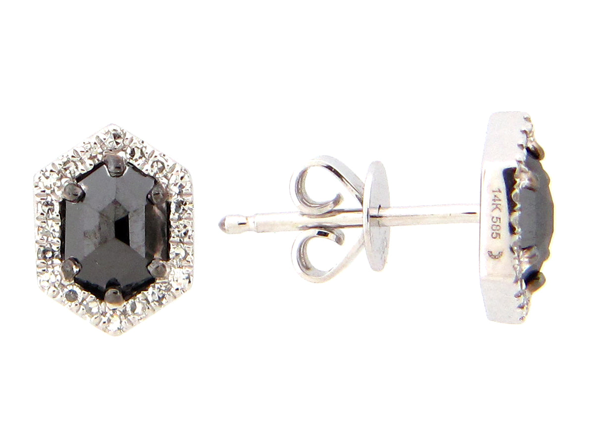 ROSE CUT BLACK & WHITE DIAMOND HEXAGON STUD EARRING