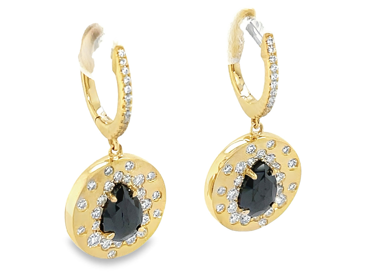BLACK DIAMOND PEARS & WHITE DIAMOND CONFETTI DISC DANGLE EARRING, SATIN FINISH