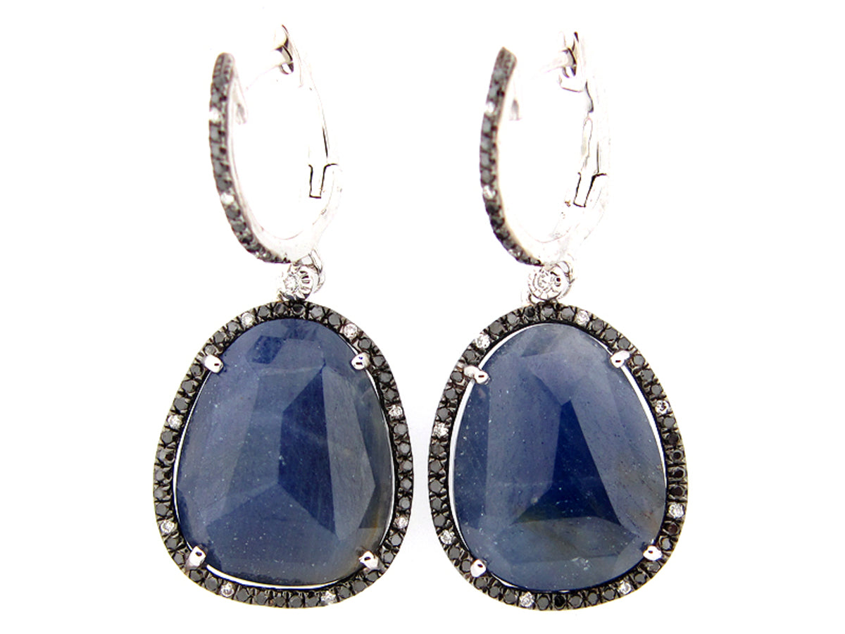 ROSE CUT SAPPHIRE, BLACK & WHITE DIAMOND EARRING, 14KW (N/R)