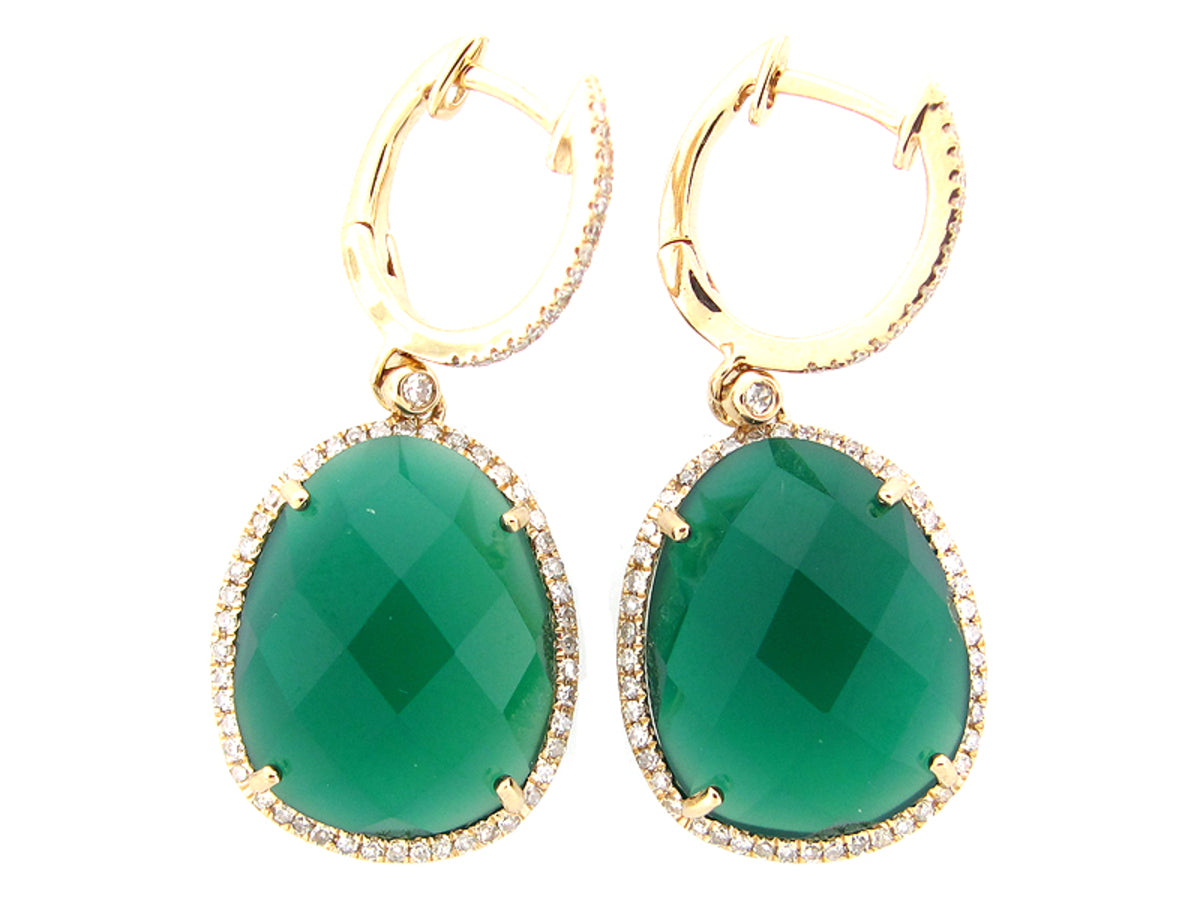 GREEN AGATE & WHITE DIAMOND EARRING, 14KY (D/N)