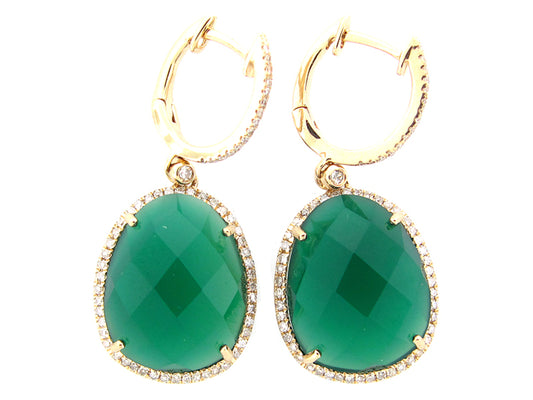 GREEN AGATE & WHITE DIAMOND EARRING, 14KY (D/N)