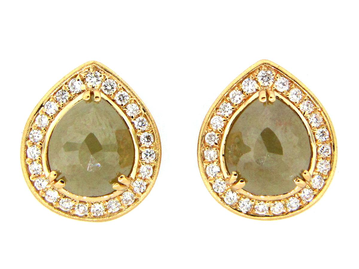 ROSE CUT GRAY GREEN DIAMOND EARRING, 18KY  (N)