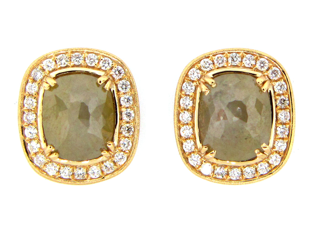 ROSE CUT GRAY GREEN DIAMOND EARRING, 18KY (N)