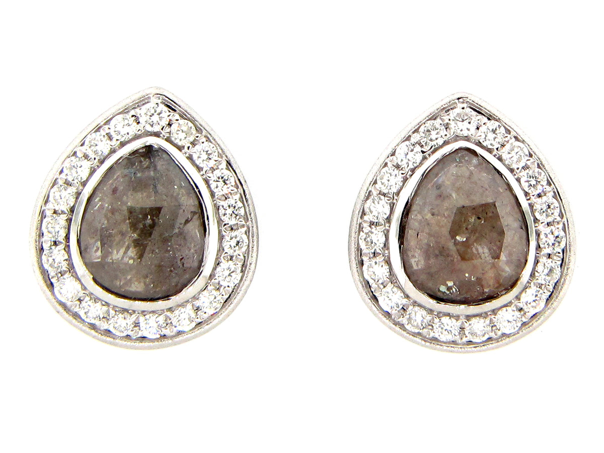 ROSE CUT GRAY GREEN DIAMOND EARRING, 18KW (N)