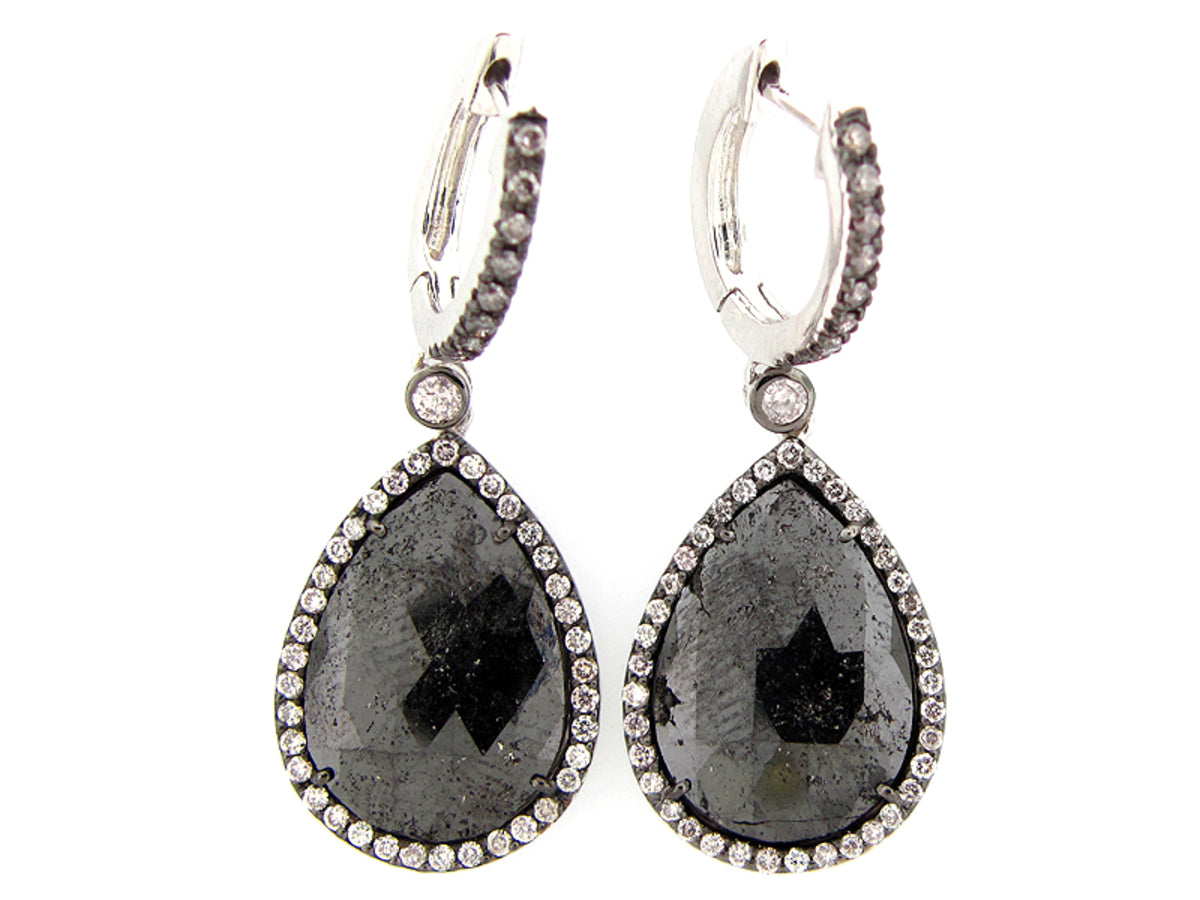 ROSE ROUGH CUT BLACK DIAMOND SLICE EARRING, 18KW (R/N)