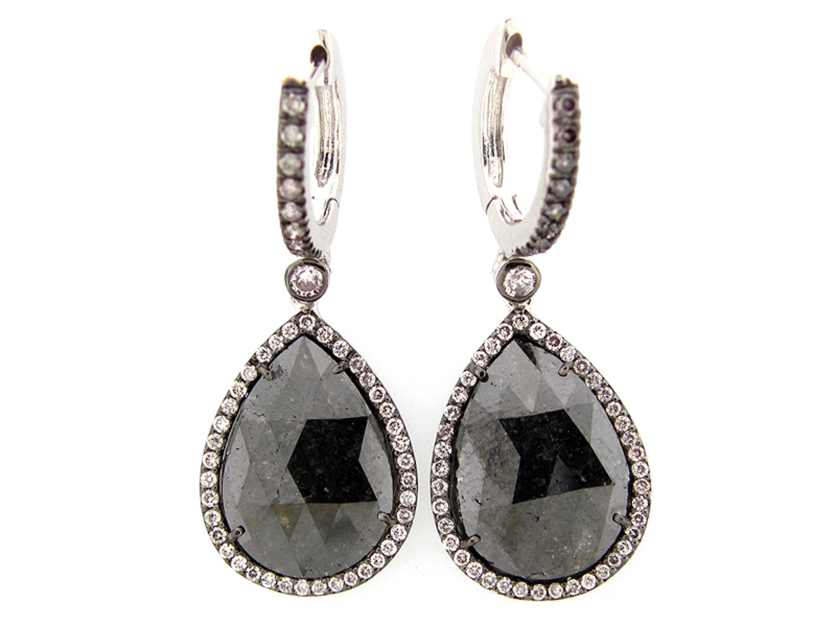 ROSE ROUGH CUT BLACK DIAMOND SLICE EARRING, 18KW (R/N)