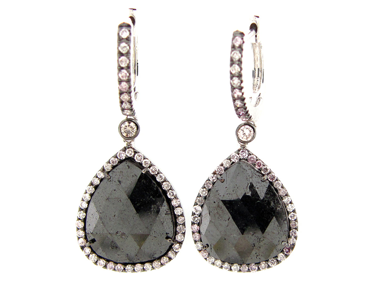 ROSE ROUGH CUT BLACK DIAMOND SLICE EARRING, 18KW (R/N)