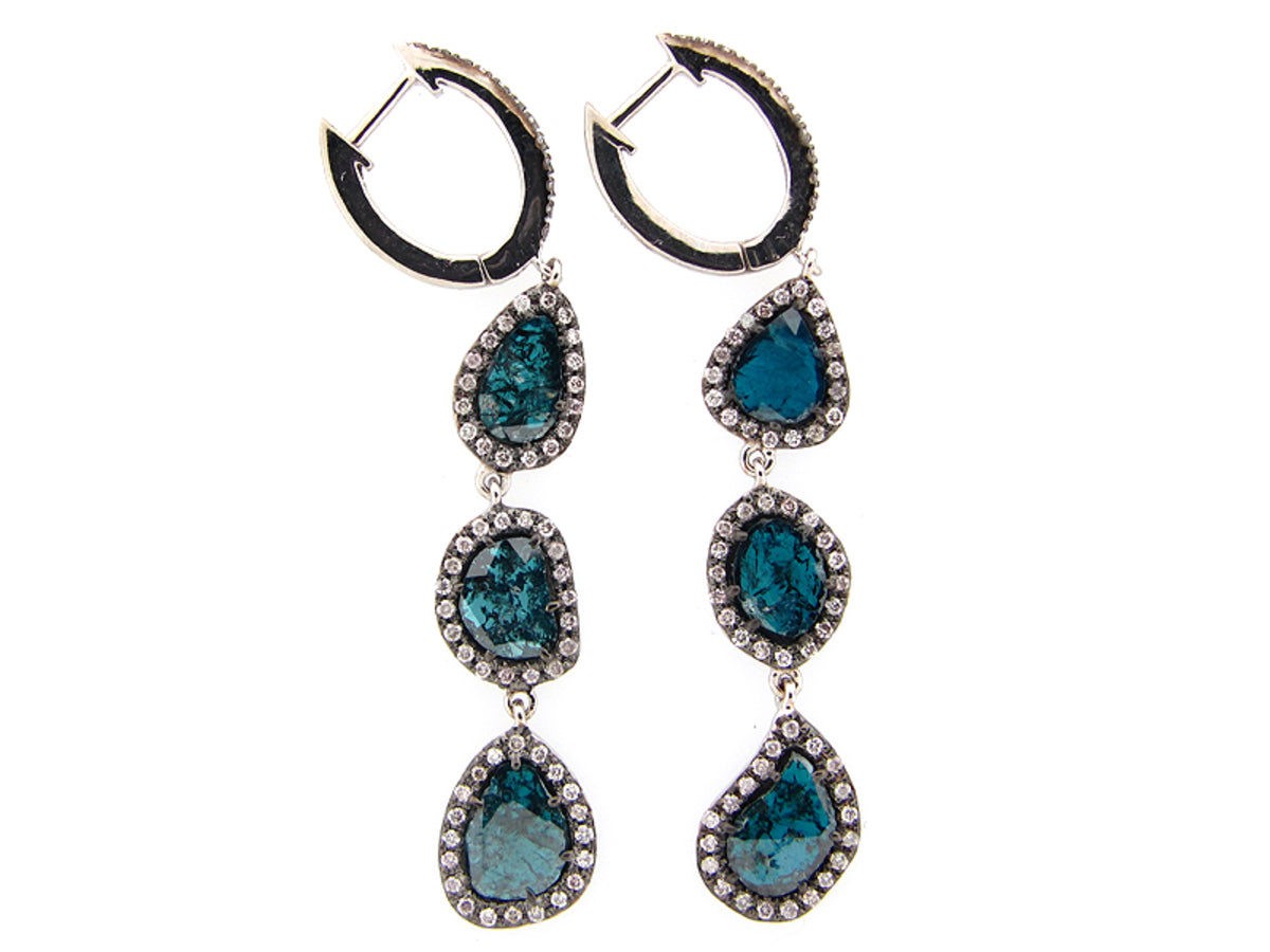 ROSE CUT SLICE IRR BLUE & WHITE DIAMOND EARRING, 18KW (R/N)