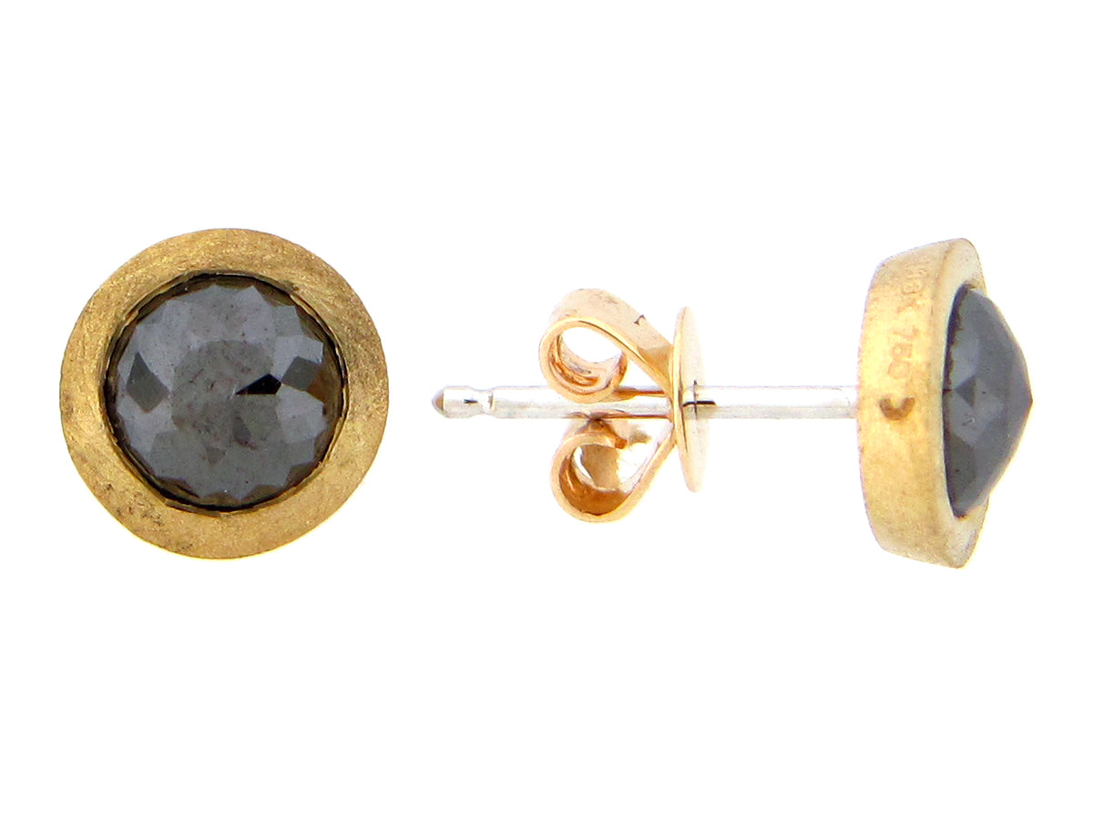 ROSE CUT BLACK DIAMOND BEZEL STUD EARRING, SATIN FINISH,  18KY (R)
