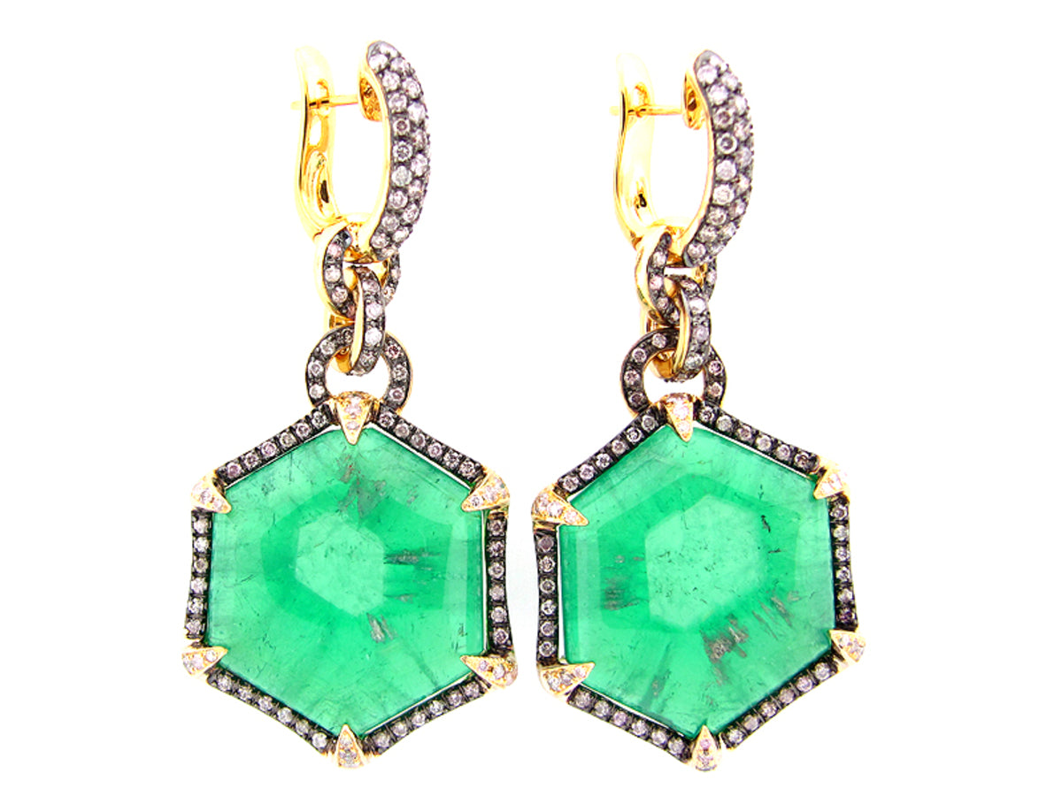 COLOMBIAN TRAPICHE EMERALD & DIAMOND EARRING, 14KY (O)