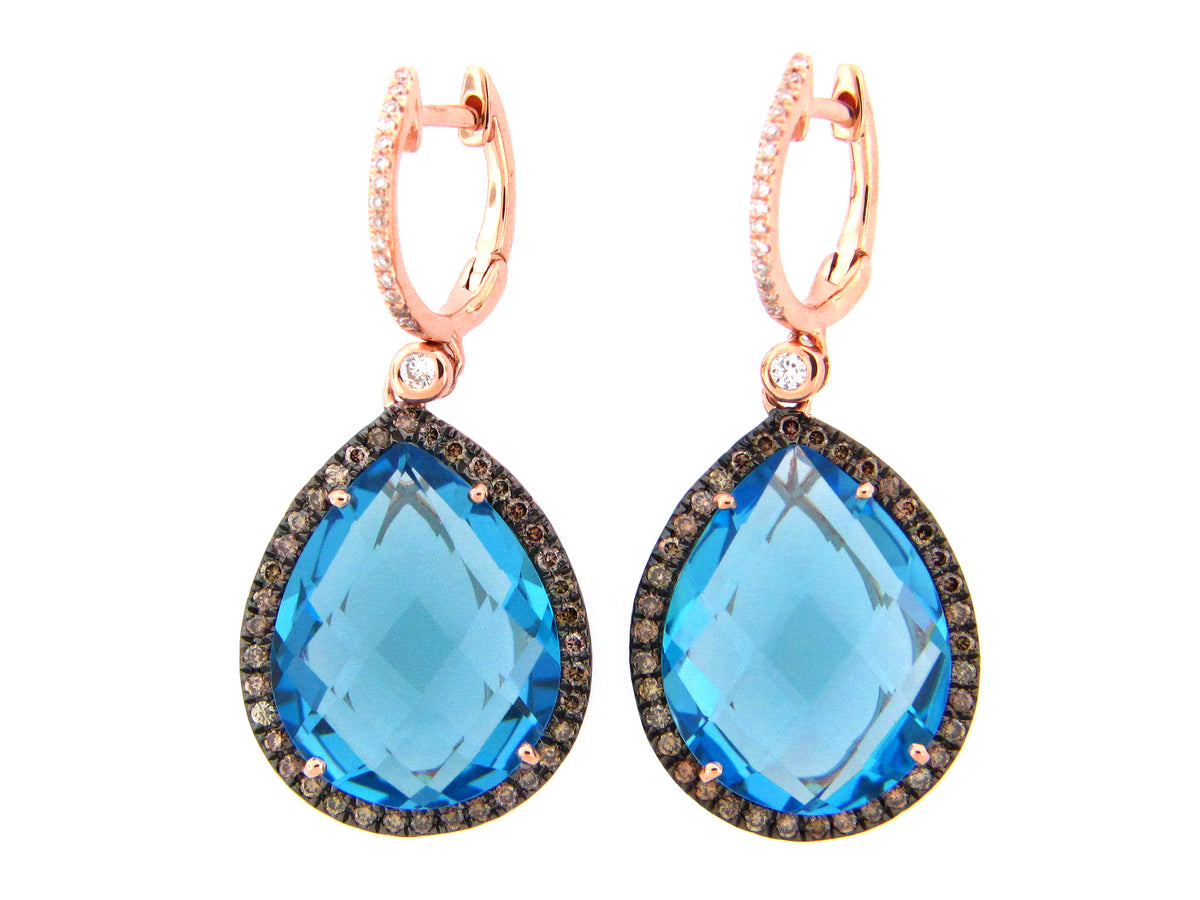 SWISS BLUE TOPAZ, BROWN & WHITE DIAMOND DROP EARRING, 14KR (R/N)