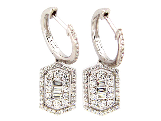 DIAMOND BAGUETTES & ROUNDS HEXAGON DANGLE EARRING, 14KW (N)