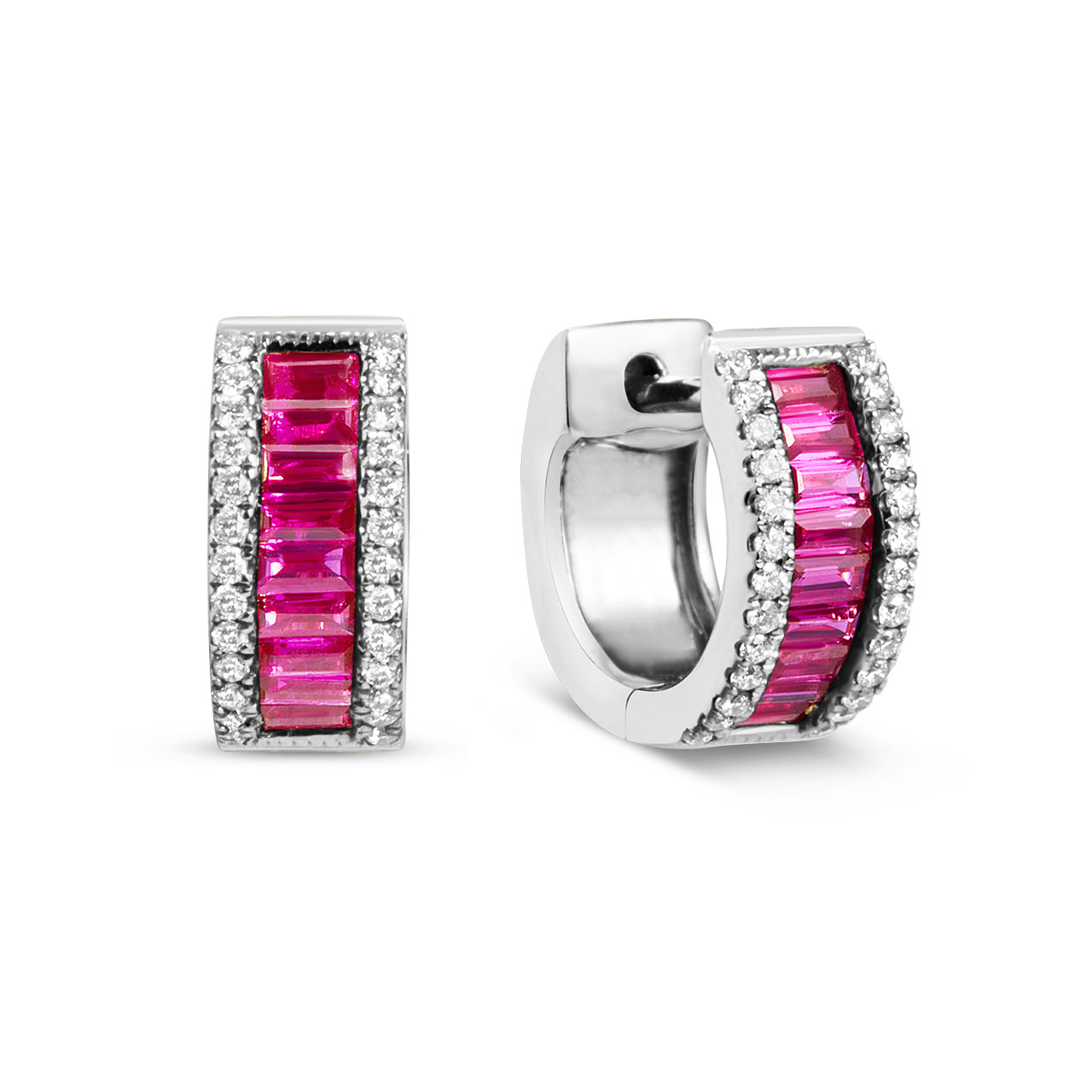 Ruby Baguette & Diamond Huggie Earring