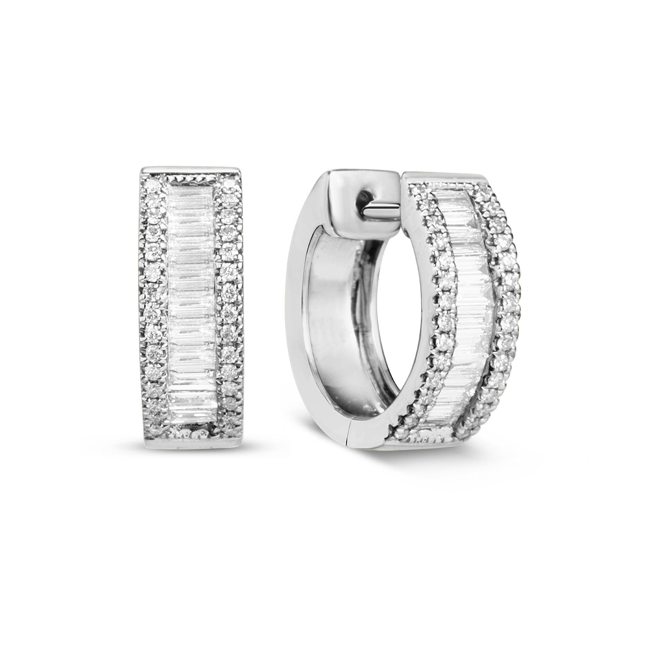 Diamond Baguette & Round 13mm Huggie Earring
