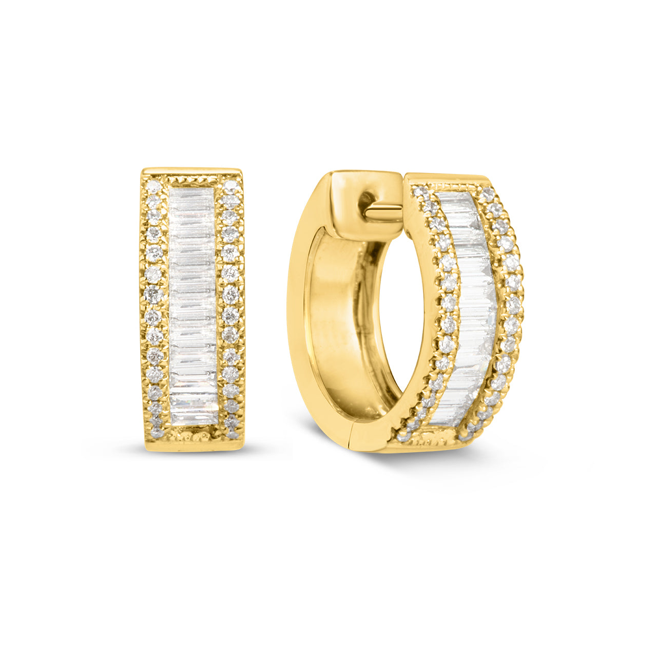 Diamond Baguette & Round 13mm Huggie Earring