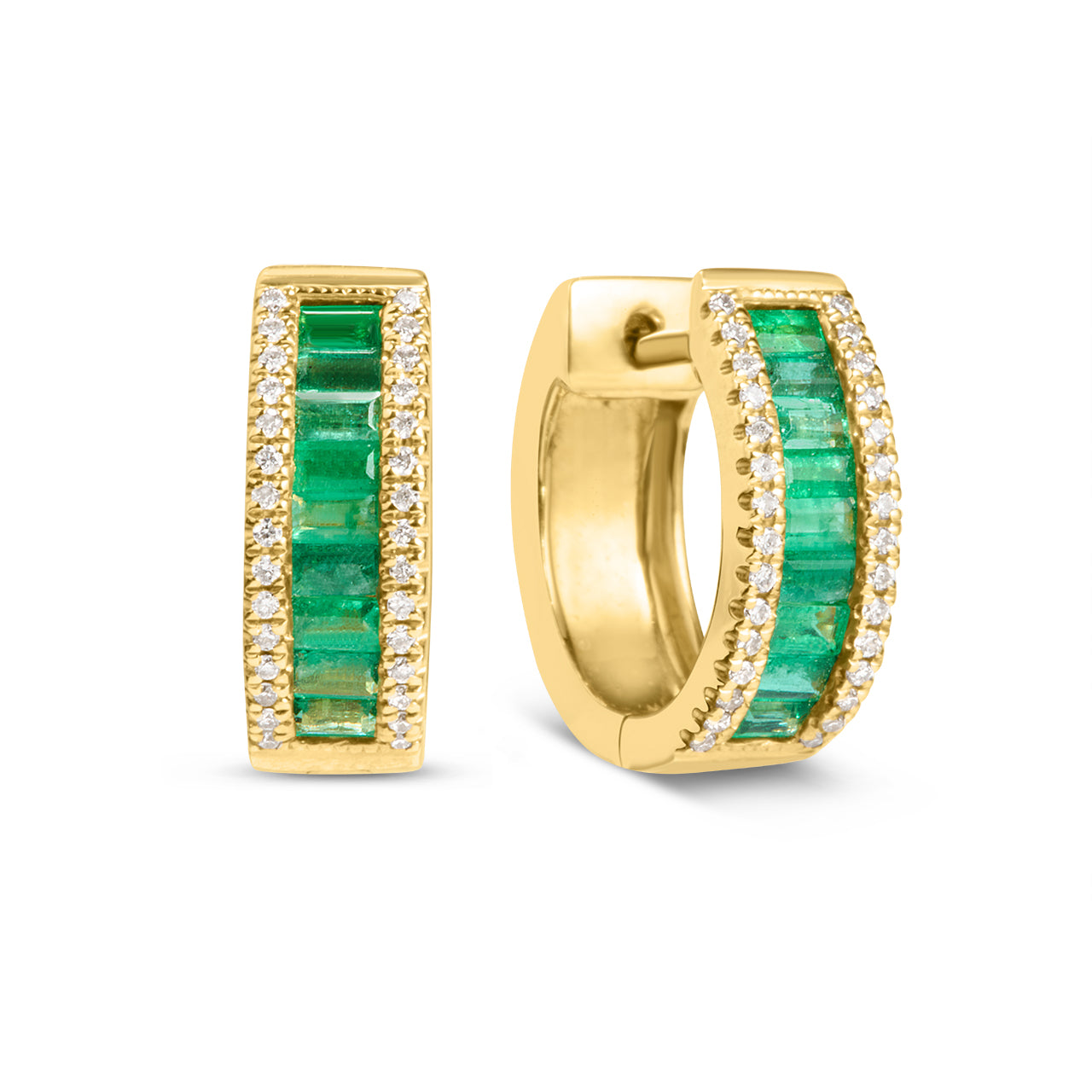 Emerald Baguette & Diamond 13mm Huggie Earring