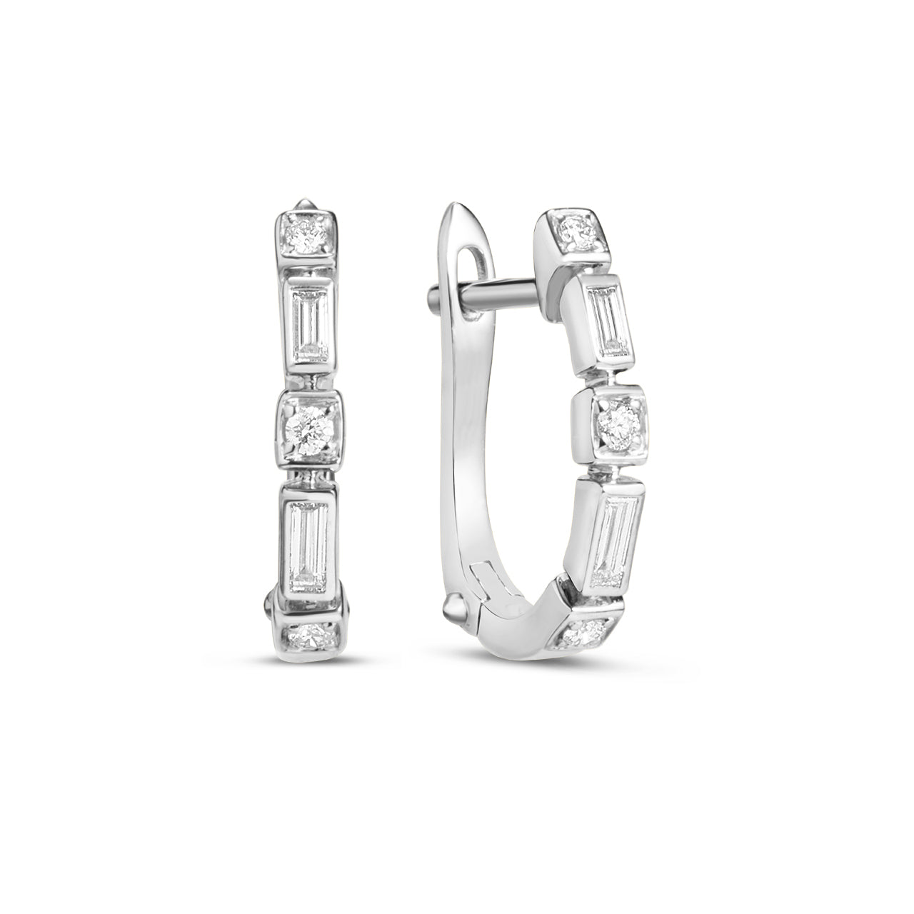 Diamond Baguette & Round Bezel Huggie Earring