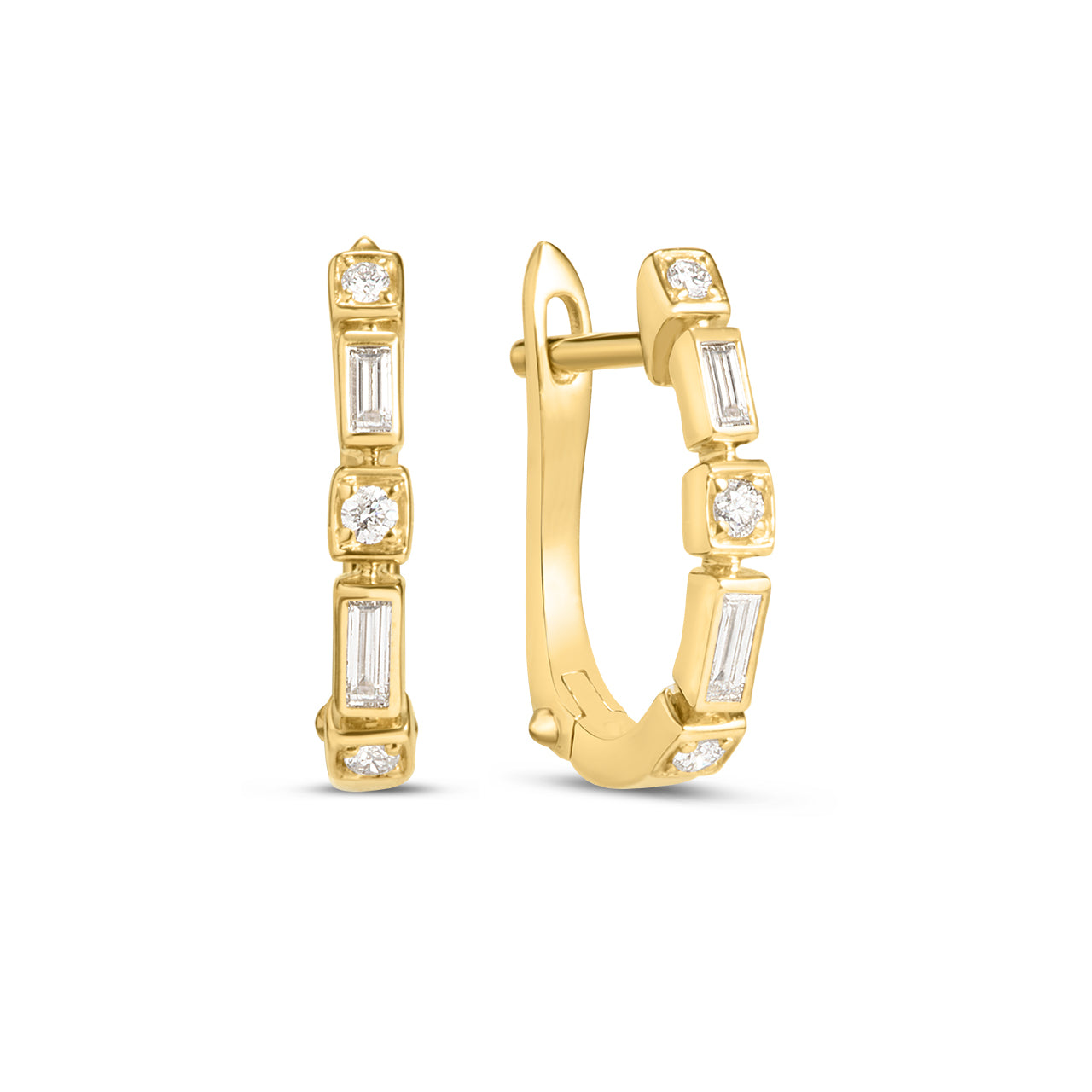 Diamond Baguette & Round Bezel Huggie Earring