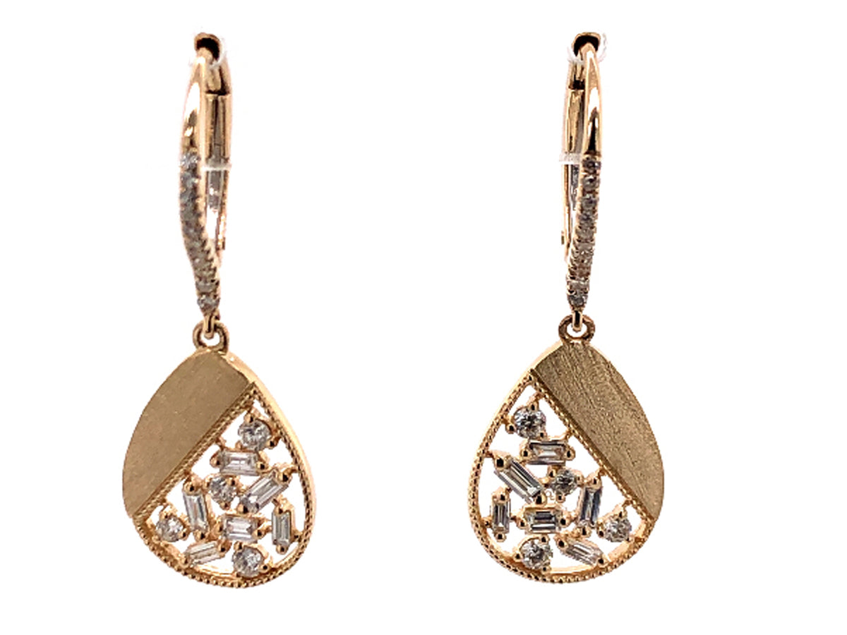 DIAMOND PEAR SHAPE DANGLE EARRING, SATIN FINISH, 14KY (N)