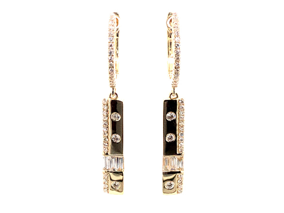 DIAMOND FLUSH SET BAGUETTE & ROUND BAR DANGLE EARRING, 14KY (N)