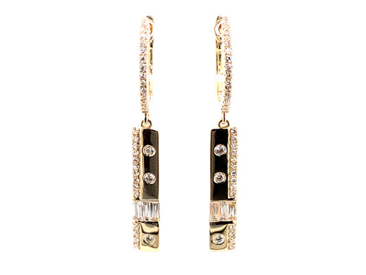 DIAMOND FLUSH SET BAGUETTE & ROUND BAR DANGLE EARRING, 14KY (N)