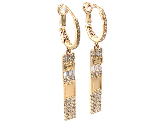 DIAMOND BAGUETTE & ROUND BAR DANGLE EARRING, 14KY (N)