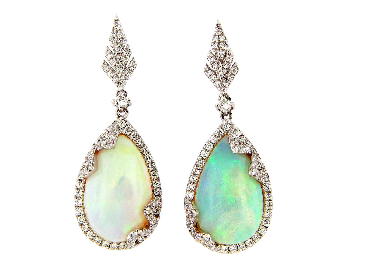 OPAL & DIAMOND HALO ART DECO DROP EARRING, 18KW (O)