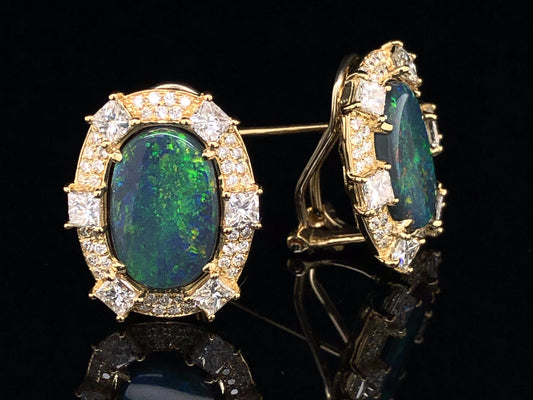 BLACK OPAL & DIAMOND HALO OMEGA CLIP EARRING