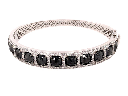 BLACK ROSE CUT CUSHION & WHITE DIAMOND BANGLE, 18KW (R)