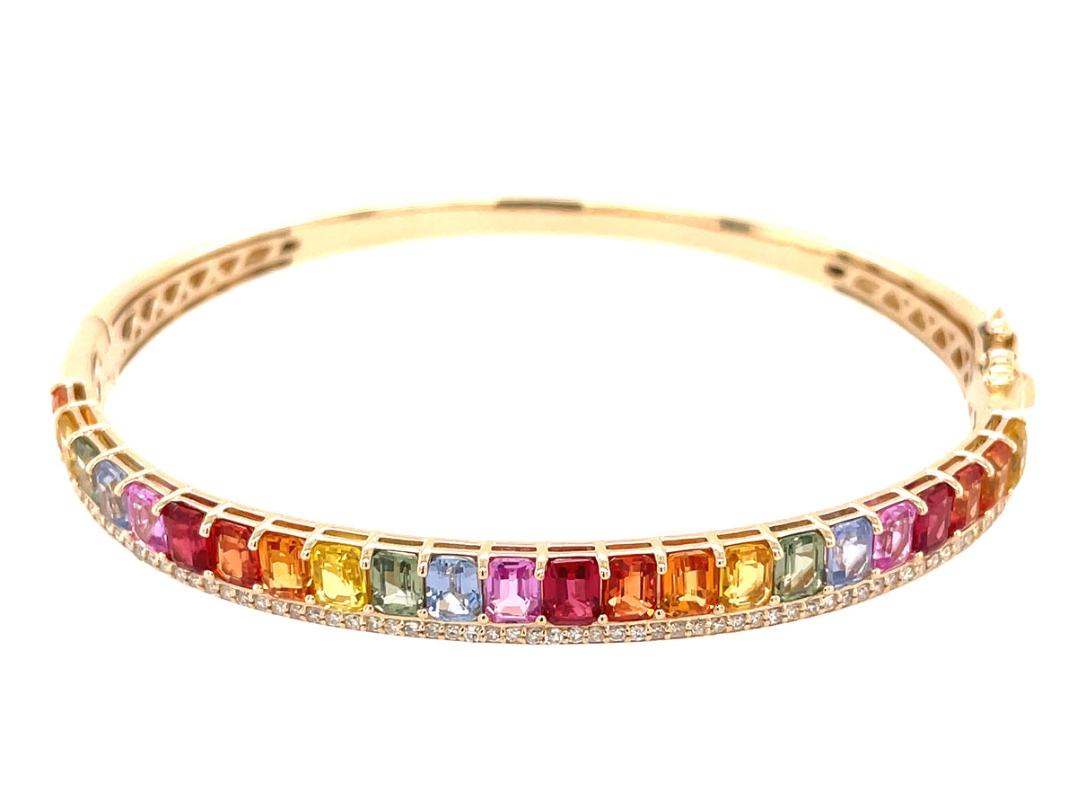 RAINBOW SAPPHIRE EMERALD CUT & DIAMOND BANGLE, 14KY (H/U)