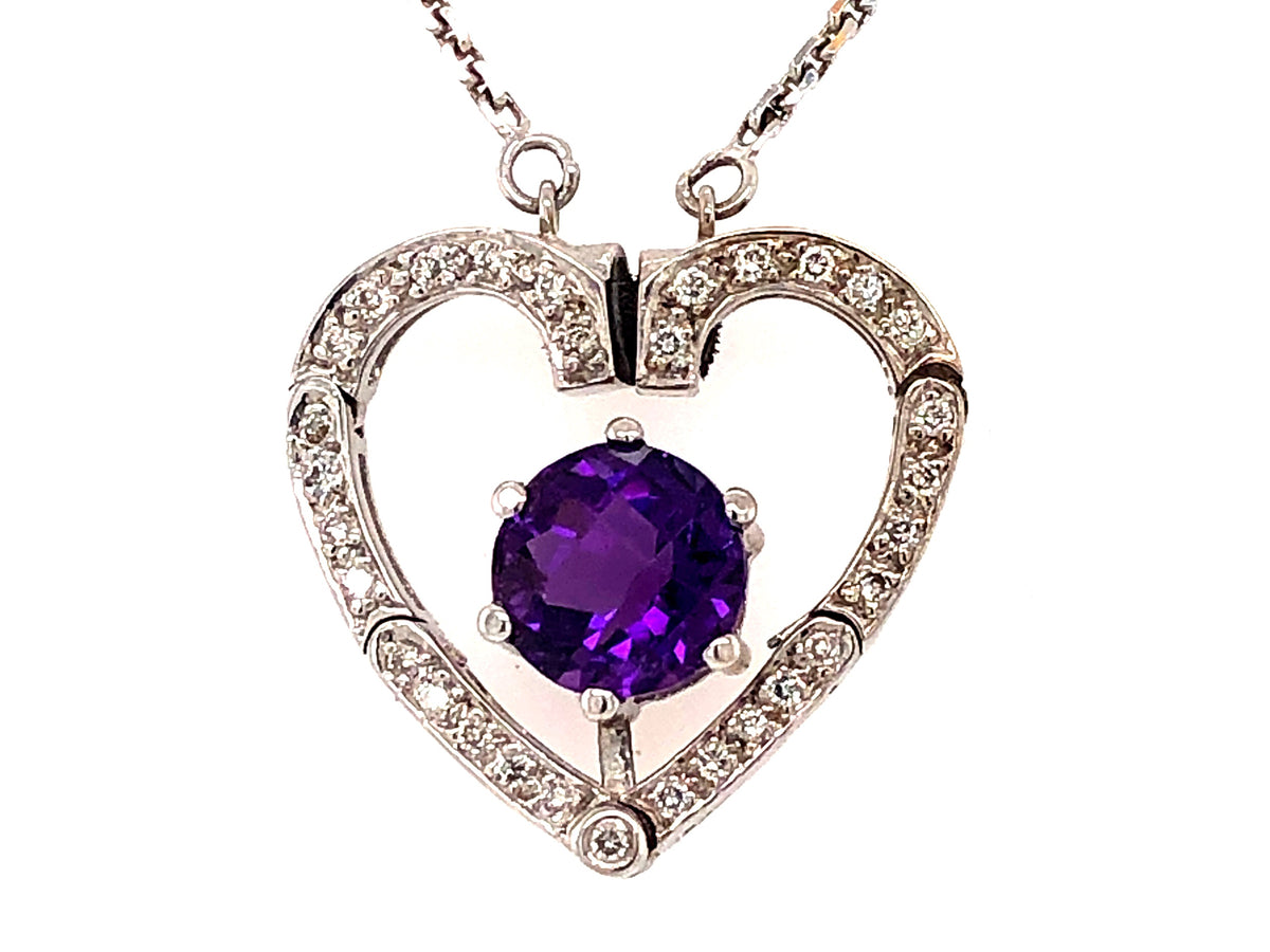 CHB AMETHYST & DIAMOND HEART CONVERTIBLE NECKLACE, 14KW (H), C=1.10