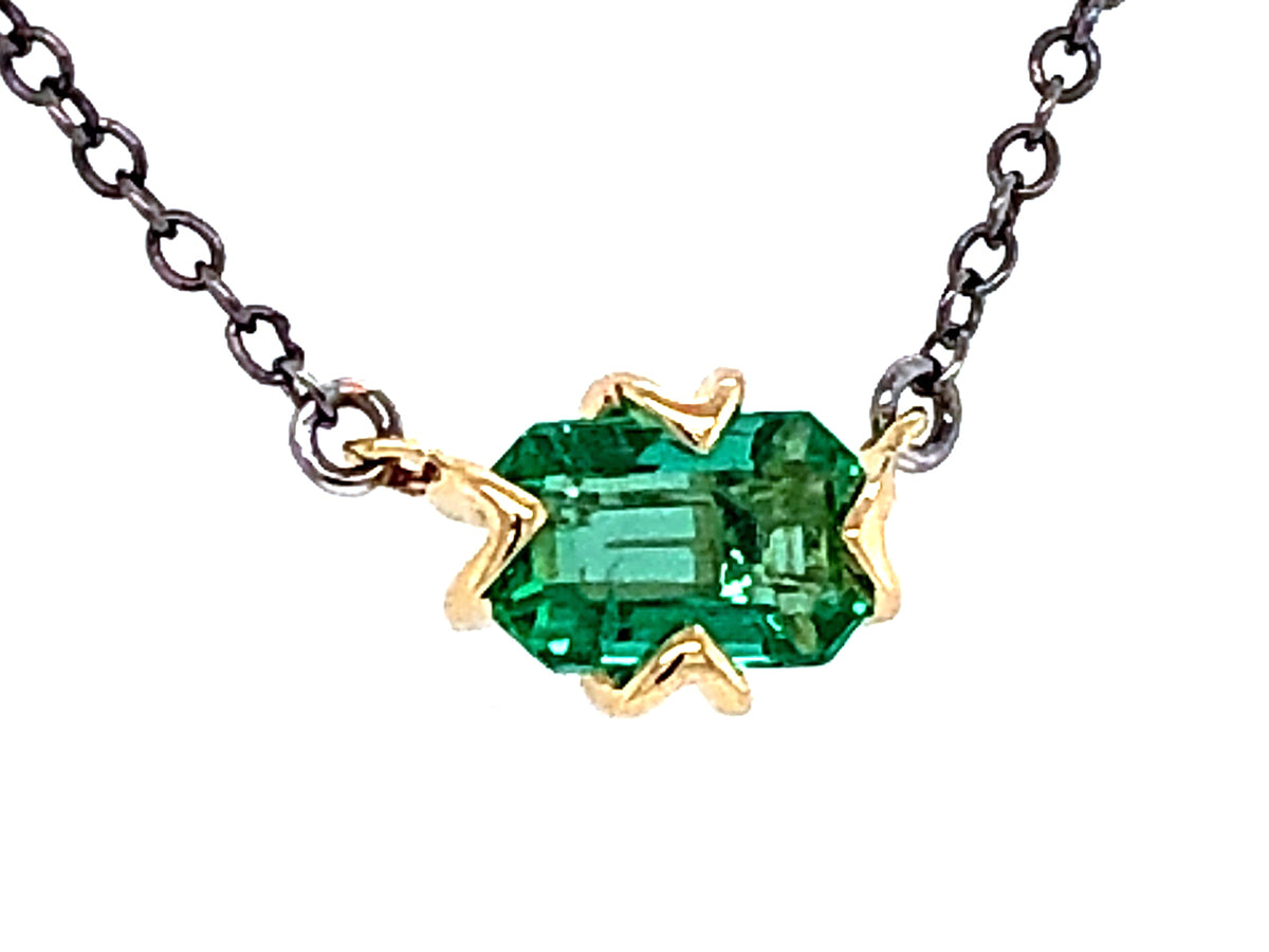 EMERALD CUT EMERALD PENDANT NECKLACE, 14K BLACK FINISH CHAIN, YELLOW GOLD BASKET (O)