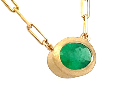 OVAL EMERALD BEZEL NECKLACE,18" PAPERCLIP CHAIN, 18KY (O)