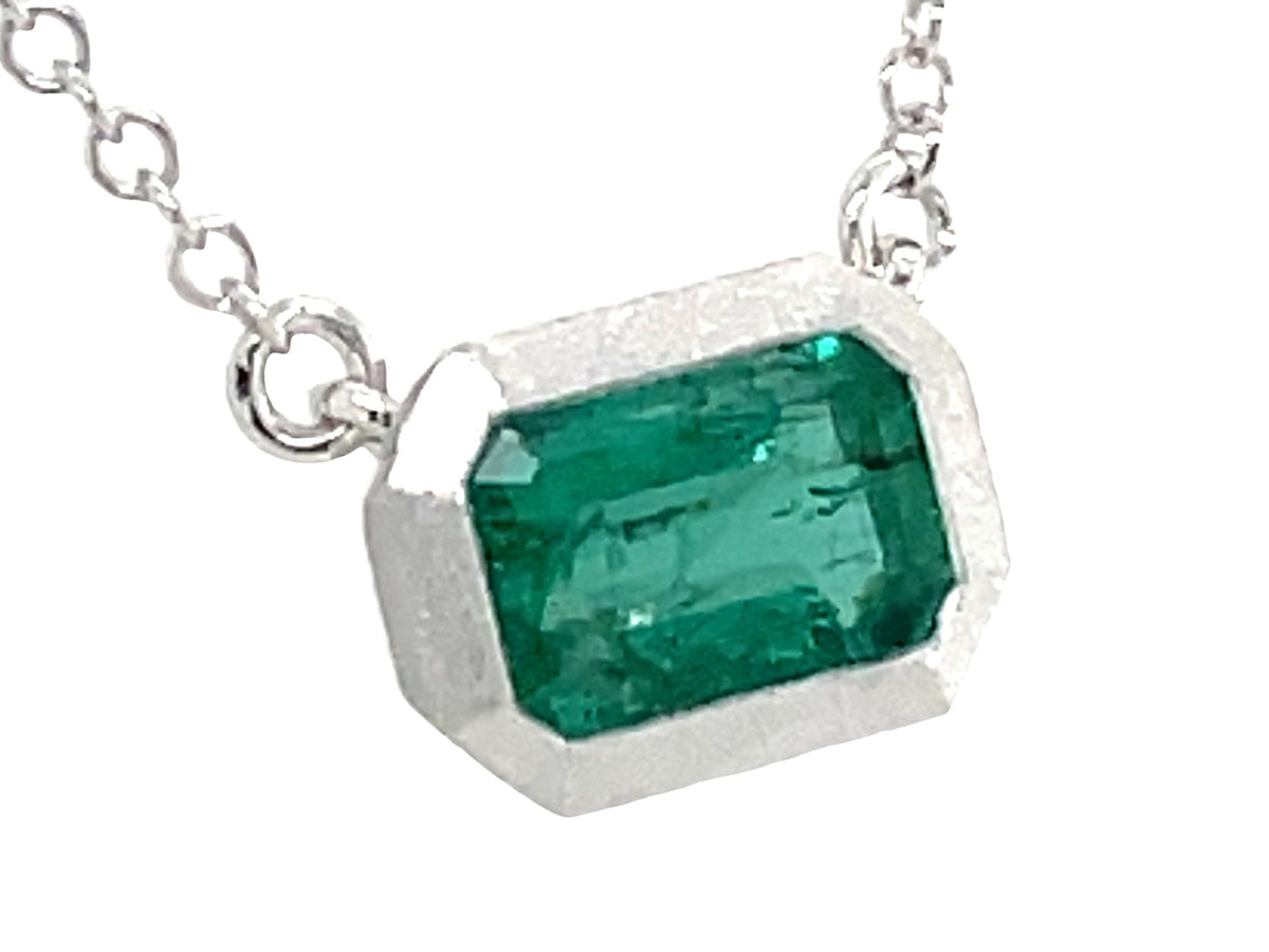 Emerald Cut Emerald Bezel Pendant Necklace, 18"/17"/16", Satin Finish, 14kw (O)