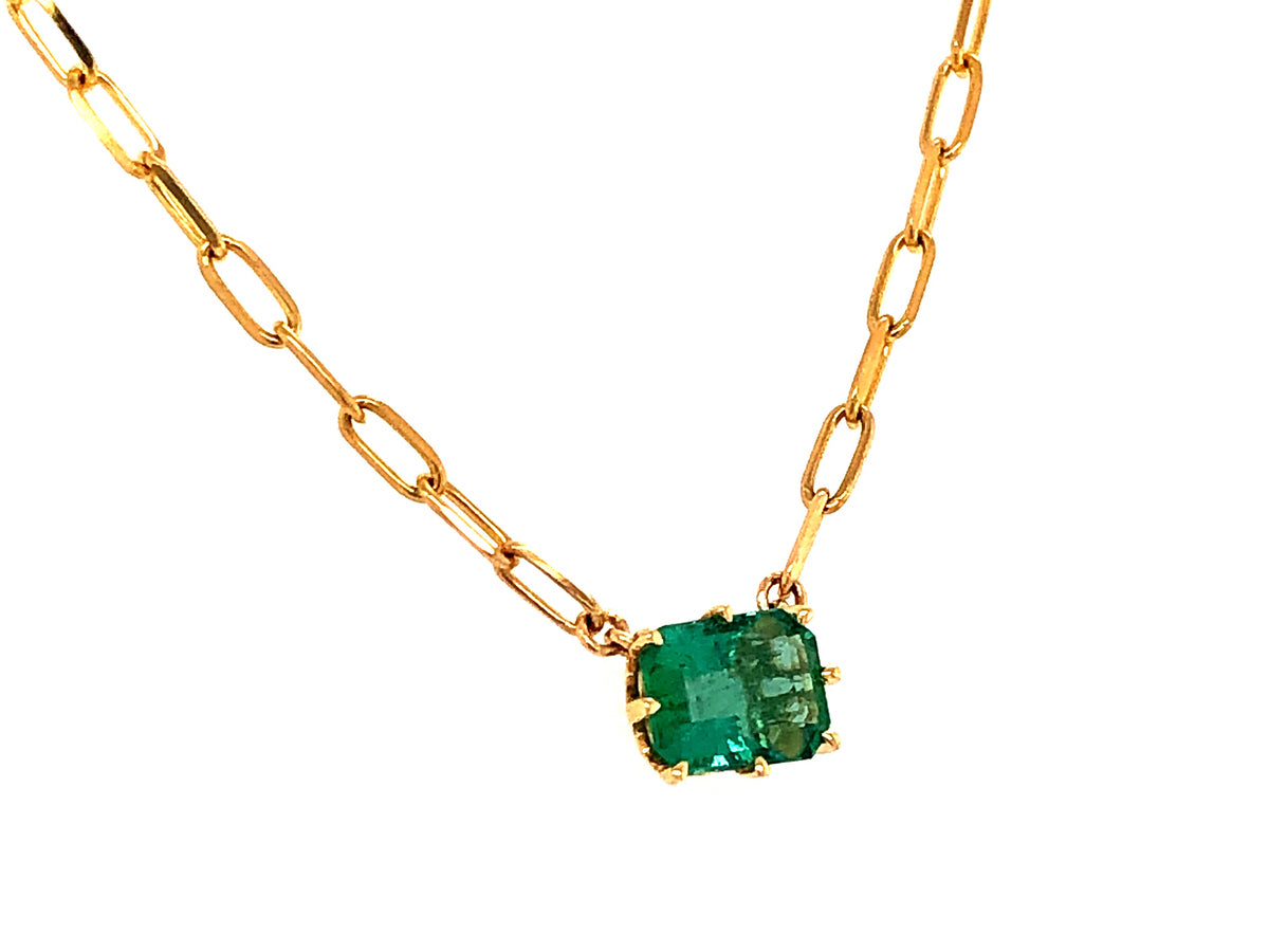 EMERALD CUT EMERALD PENDANT NECKLACE, 18" PAPERCLIP CHAIN