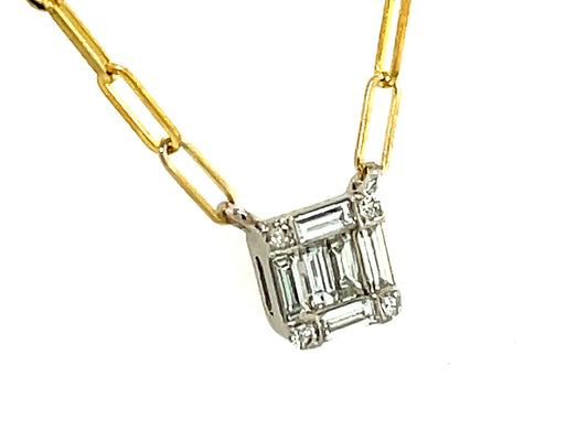 DIAMOND BAGUETTE CLUSTER NECKLACE, 5X5MM, 18" PAPER CLIP CHAIN