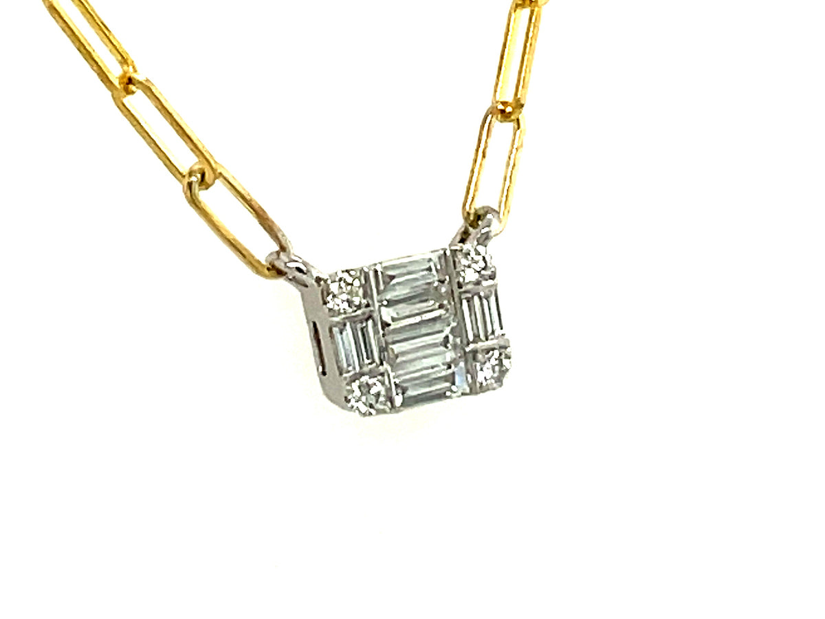 DIAMOND BAGUETTE CLUSTER NECKLACE, 5.7 X4.6 MM, 18" PAPER CLIP CHAIN